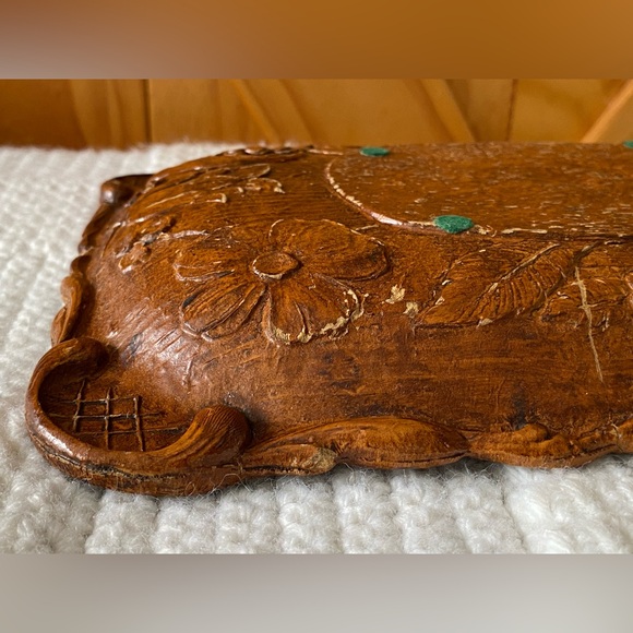 Vintage Resin Faux Wood Carved Floral Dish - Picture 6 of 10